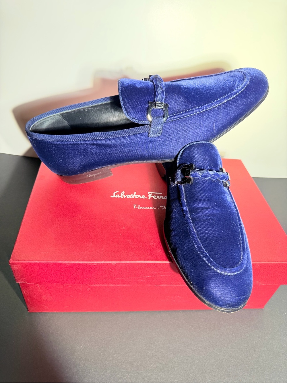Authentic Salvatore Ferragamo Men's Cobalt Blue Velvet Bit Loafers
